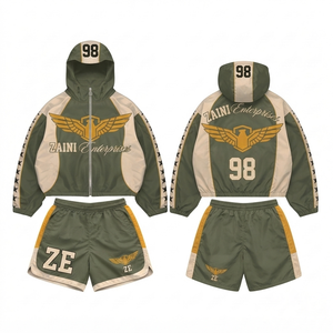 Women Windbreaker Short <b>Set</b> 110 GSM Premium Polyester Microfiber Olive <b>White</b> Gold Panel Custom Sublimation Print OEM ODM - Product Image 1