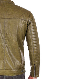 Chaqueta de Moto para Hombre, Verde Oliva, de Cuero Genuino, Impermeable, Transpirable, con Cuello Alto, Cierre de Cremallera, Corte Ajustado, Manga Regular, Color Sólido - Product Image 2