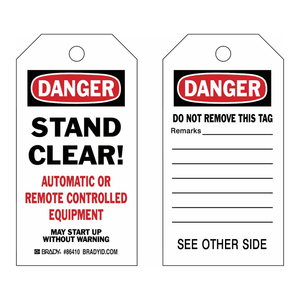 Étiquettes de sécurité pré-imprimées Brady DANGER Stand Clear, 5,75 x 3 pouces, flexibles, pour les zones d'équipements automatiques - Product Image 2