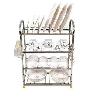 4-Tier Heavy Duty Stainless Steel <b>Kitchen</b> Dish <b>Rack</b> Multilayer Plate Bowl <b>Storage</b> Organizer Shelf with Cup Utensil Holders - Product Image 1