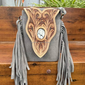 Women's Custom Hand Tooled Suede Leather Mobile Phone Bags for Women's Cellphone Shoulder Bags <b>Crossbody</b> Festival Fringe <b>Purse</b> - Product Image 4