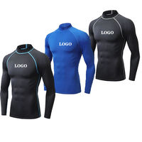 Camiseta de Compresión Negra para Hombre, Cuello Redondo, Manga Larga, Costuras en Contraste Azules, Protección Solar UPF50+, Diseño Personalizable