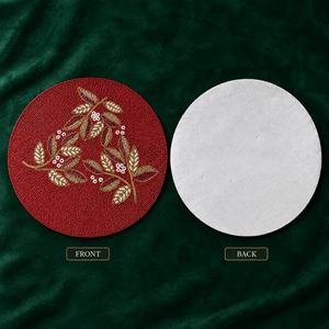 Burgundy Embroidered <b>Glass</b> Beaded Round Modern <b>Heat</b> <b>Resistant</b> Placemat | Handcrafted Floral Table Mat Dining Decor Elegant - Product Image 4