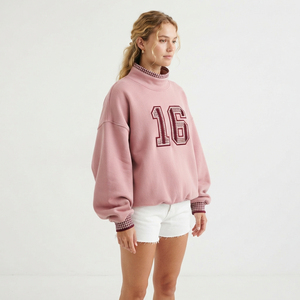 Sudadera de cuello alto con puños a cuadros, número 07, logo frontal, informal para mujer, de manga larga, de punto, de algodón y forro polar, para otoño - Product Image 3