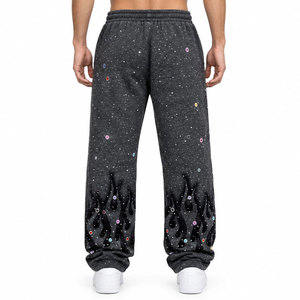 Pantalon de survêtement gris pour homme avec perles de cristal, lettrage Los Angeles et imprimé flamme, avec cordon de serrage - Product Image 3