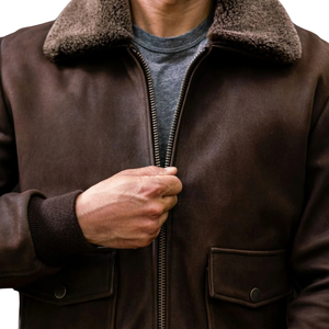 Mens Brown Genuine Leather Bomber Jacket Faux Shearling Collar Dual Flap Pockets <b>Zip</b> Front Ribbed Cuffs Premium Winter Outerwear - Product Image 1