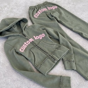 Custom Logo Winter Distressed Full Zip Pullover <b>Towel</b> Embroidery Tracksuit 2 Pieces Cozy Cropped Hoodie Sweatpants Set Women - Product Image 3
