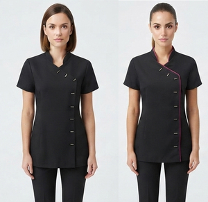 Chemise d'uniforme professionnelle décontractée pour femmes, col montant, manches courtes, boutonnée sur le devant, pour salon de beauté, spa, coiffeuse et massothérapeute - Product Image 1