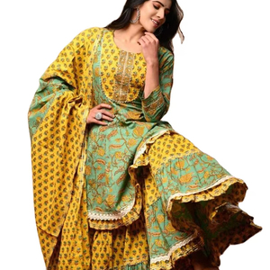 Robe Anarkali Kurta / Kurti Garara pour femme, en coton pakistanais, anti-humidité, protection solaire, longueur genou, pour mariage et fête - Product Image 1