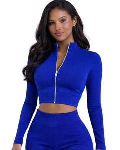 <b>Royal</b> <b>Blue</b> Women Two Piece Yoga Set Zip <b>Crop</b> <b>Top</b> And High Waist Flared Pants Stretch Fitness Gym Wear Custom Manufacturer OEMPro - Product Image 4