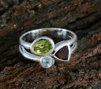 Bague géométrique en argent 925 avec pierres serties de grenat, péridot et aigue-marine, style bohème, bague unisexe avec pierres précieuses
