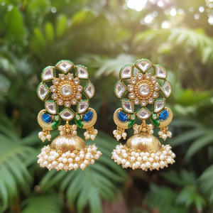 Vintage Gold Plated Kundan Peacock Enameled Jhumka Drop Earrings with Pearl and Diamond - Product Image 3