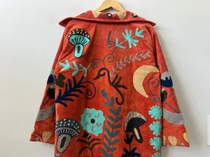 Bohemian <b>Coral</b> Red Embroidered Velvet Suzani Long <b>Jacket</b> With Floral Design Full Sleeve Winter Outerwear For Women - Product Image 4