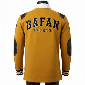 Maillot de rugby pour homme en coton lourd GSM avec empiècements noir moutarde et broderie chenille, logo personnalisé, pour polos de rugby - Product Image 2