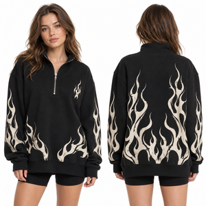 Sweat-shirt personnalisé pour femme, blanc, imprimé flamme, col zippé, coupe classique, en coton tricoté, décontracté, pour l'automne - Product Image 5