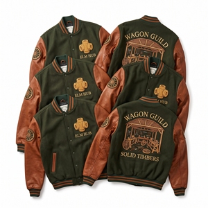Blouson universitaire en laine marine avec broderie Village Chronometer et manches en cuir marron, style bomber, vente en gros - Product Image 6