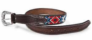 Cinturón de Cuero Genuino Estilo Western Vintage con Cuentas, Hebilla de Aleación, Diseño Geométrico con Incrustaciones de Cuentas, Cinturón Western para Hombre y Mujer - Product Image 2