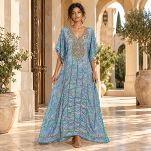 Printed Paisley <b>Kaftan</b> Dress with Gold Embellished V Neck and Batwing Sleeves | Flowing Full Length Modest Resort Wear <b>for</b> <b>Women</b> - Product Image 2
