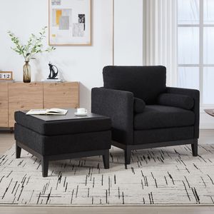 Poltrona con Poggiapiedi Reversibile Nera da 90 cm, Base in Legno, Gambe Quadrate, Rivestimento Imbottito, per Soggiorno - Product Image 5
