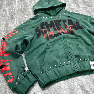 Vente en gros de sweats à capuche pour hommes en molleton épais vintage, style hip-hop, avec strass, effet vieilli, unis, personnalisables, délavés à la pierre et découpés au laser - Product Image 4