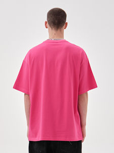 T-shirt personnalisé avec logo imprimé, col rond décontracté, couleur rose bonbon, 220g, tricoté, 100% coton, tissu écologique, strass, streetwear - Product Image 5