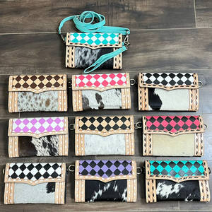 2026 New High Quality Custom Hair-On Cowhide Crossbody Clutch Purse with Checkered Pattern Hand Tooled Leather Wristlet <b>Mini</b> <b>Bag</b> - Product Image 5