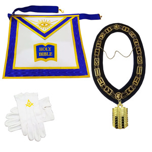 Ensemble de regalia maçonnique bleu de qualité supérieure, brodé à la main, avec tablier, collier et gants, pour officier chaplain, orné de bijoux - Product Image 1