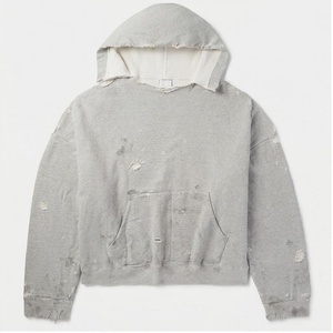 เสื้อฮู้ดโอเวอร์ไซส์สีเทา ผ้าฝ้ายเฟรนช์เทอร์รี่ ยูนิเซ็กส์ มีกระเป๋าหน้า ผิวสัมผัสแบบวอช ดีไซน์ป้องกันขนร่วง สไตล์ฤดูใบไม้ร่วง - Product Image 1