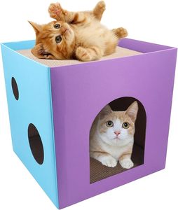 บ้านแมวกระดาษแข็งพับได้และเตียงนอนสบายทรงลูกบาศก์พร้อมแคทนิปและที่ขูดแบบถอดได้2ชิ้น (สีเหลือง) - Product Image 3