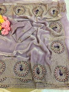 Sari-Blouse Femme en Satin Spatial à Paillettes et Broderies Motifs Traditionnels avec Bordure Brodée – Idéal pour Tenues Occasionnelles - Product Image 5