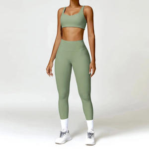 Ensemble de sport 2 pièces respirant et sans coutures pour femme : Legging taille haute et soutien-gorge de sport à taille élastique, couleur unie, pour fitness et yoga - Product Image 2