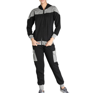 Women's Color Blocking Tracksuit Full <b>Zip</b> <b>Hooded</b> Jacket With Cargo Pants Casual Autumn Wear Breathable Polyester Cotton Set - Product Image 1