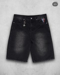 Pantalones Cortos de Mezclilla Negros Extra Grandes para Hombre, de Alta Calidad, Lavados, Transpirables, con Diseño Personalizado, Bordados y Parches - Product Image 1