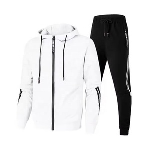 Custom Mens Athletic Two Stripe Red Full <b>Zip</b> <b>Hooded</b> Tracksuit Wholesale 2 Piece Fleece Sweatsuit Jogger Set - Product Image 2