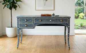 Table console artisanale en os incrusté, motif géométrique traditionnel, meuble rectangulaire en bois, décoration de bureau, utilisation intérieure - Product Image 5