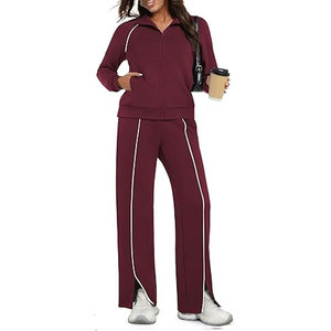 Conjunto de 2 piezas vintage 100% algodón transpirable, chándal informal con cremallera para otoño 2026, pantalones de pierna ancha para viaje - Product Image 6