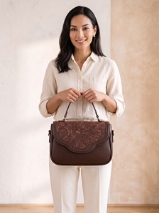 Brown Embossed Floral Handtooled Genuine Leather Single <b>ZIP</b> Vintage Crossbody Shoulder Bag PU Lined Flap Purse for Daily Travel - Product Image 2
