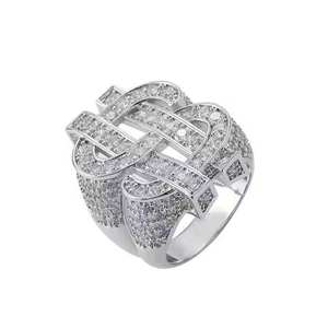 Unisex Dollar <b>Sign</b> <b>Cocktail</b> Ring 925 Silver 22k Gold Plated Pave Setting Zircon Baguette Cut Cross Luxury Hiphop Style Party - Product Image 6