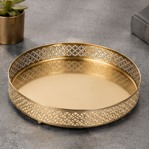 Round Brass <b>Storage</b> Tray With Geometric Pattern Modern Design Durable Indoor <b>Tabletop</b> Accessory Living Room Decor - Product Image 5
