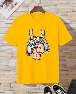 Men's Yellow T-Shirt With Game Controller Rock Gesture Print Short Sleeve O-Neck Casual Style Regular Fit Digital Printed Jersey - Product Image 1