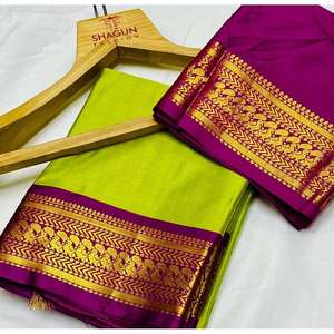 MÁS RECOGIDA TEJIDO DE SEDA SUAVE ZARI FRONTERA TRABAJO SAREE CON BLUSA DESCOSADA LORO VERDE - Product Image 1