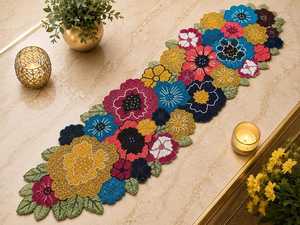 Colorful Beaded <b>Table</b> <b>Runner</b>, Tropical Leaf <b>Table</b> <b>Runner</b>, Katdana Embroidered <b>Runner</b>, Handmade Luxury Dining <b>Table</b> Decor, Boho T - Product Image 1