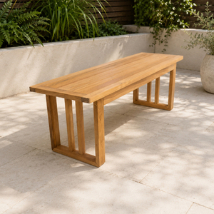 Solid wood dining <b>table</b> featuring a minimalist design, slatted pillar <b>legs</b>, an architectural look, and rot-resistant properties. - Product Image 2