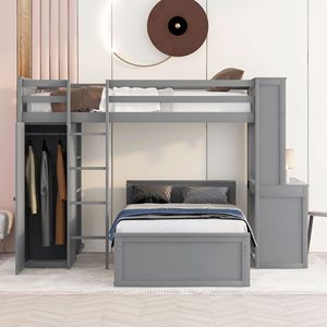 Letto a soppalco singolo con scaffali indipendenti, scrivania e armadio in grigio per bambini - Product Image 4