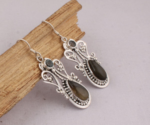Boucles d'oreilles pendantes vintage en labradorite naturelle et argent sterling 925, bijoux faits main en pierres précieuses pour femmes, vente en gros - Product Image 5