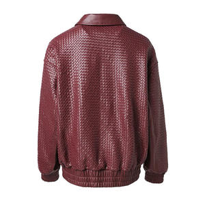 Men's <b>Burgundy</b> PU Bomber <b>Jacket</b> Turn-down Collar Zipper Closure Embossed Pattern Moto Style Autumn Wear - Product Image 3