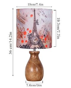 Paris Print Round Tabletop Lamp Decorative Bedside Desk Light with Vintage Wooden Base for Bedroom Living Room - Product Image 1