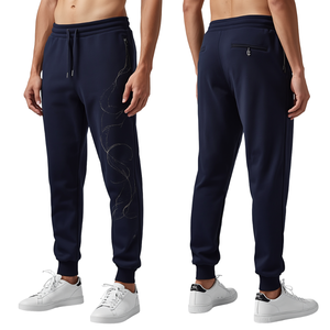 New Arrival Premium <b>Navy</b> Blue Embroidered French Terry <b>Jogger</b> Pants Heavyweight Cotton Casual Bottom Wear - Product Image 1