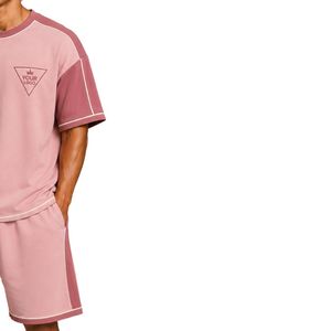 Pink Mens Oversized T Shirt And Shorts <b>Set</b> Dusty Rose Contrast Panels Customized Logo Crew Neck Casual Streetwear Wholesale - Product Image 4