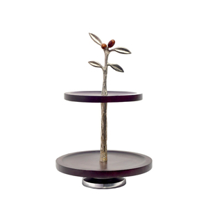Handcrafted 2-Tier Acacia Wood Cake <b>Stand</b> With Rustic Pewter <b>Bird</b> Accents Elegant Two-Tiered Wooden Serving Tray & Dessert - Product Image 4
